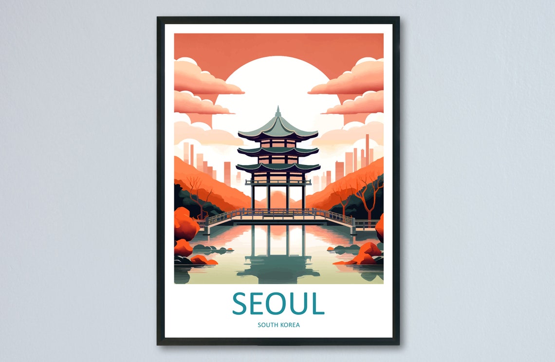 Seoul South Korea Pagoda Sunset Lake Reflection Travel Poster