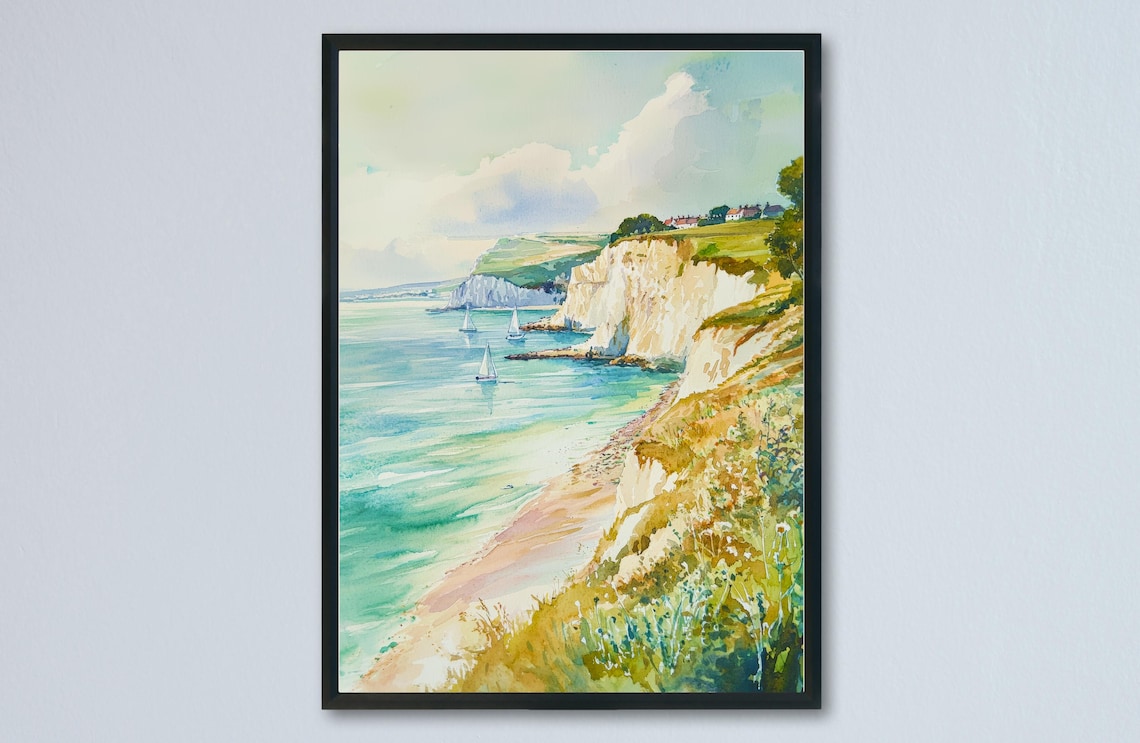 Isle Of Wight White Cliffs Sailboats Coastal Watercolor Poster