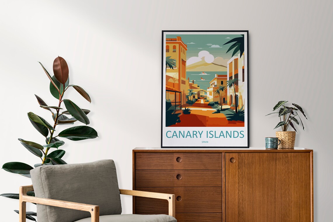 Canary Islands Spain Golden Street Palms Volcano View Travel Poster - Image 2
