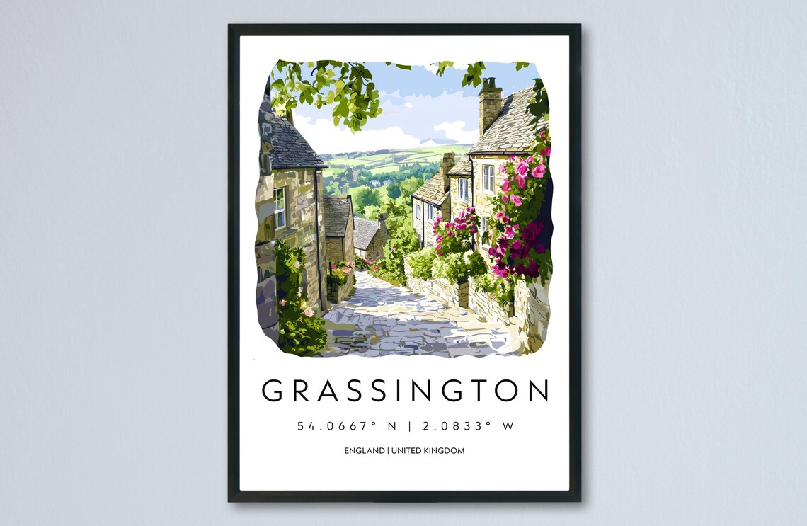 Grassington Yorkshire Cobbled Lane Stone Cottages Roses Art Poster