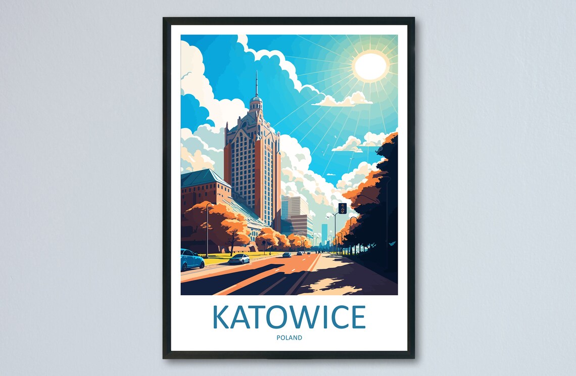 Katowice Poland Modern Downtown Tower Sunny Boulevard Travel Poster