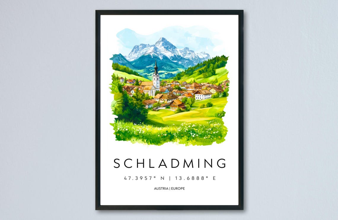 Schladming Austria Green Summer Meadows Watercolor Alpine Poster