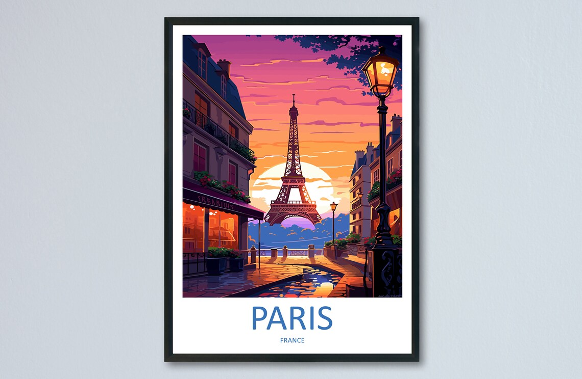 Paris Eiffel Tower Sunset Cafe Street Illustrated Travel Poster