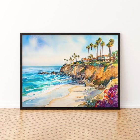 La Jolla Shores Palm Cliffs Sandy Beach Watercolor Travel Poster