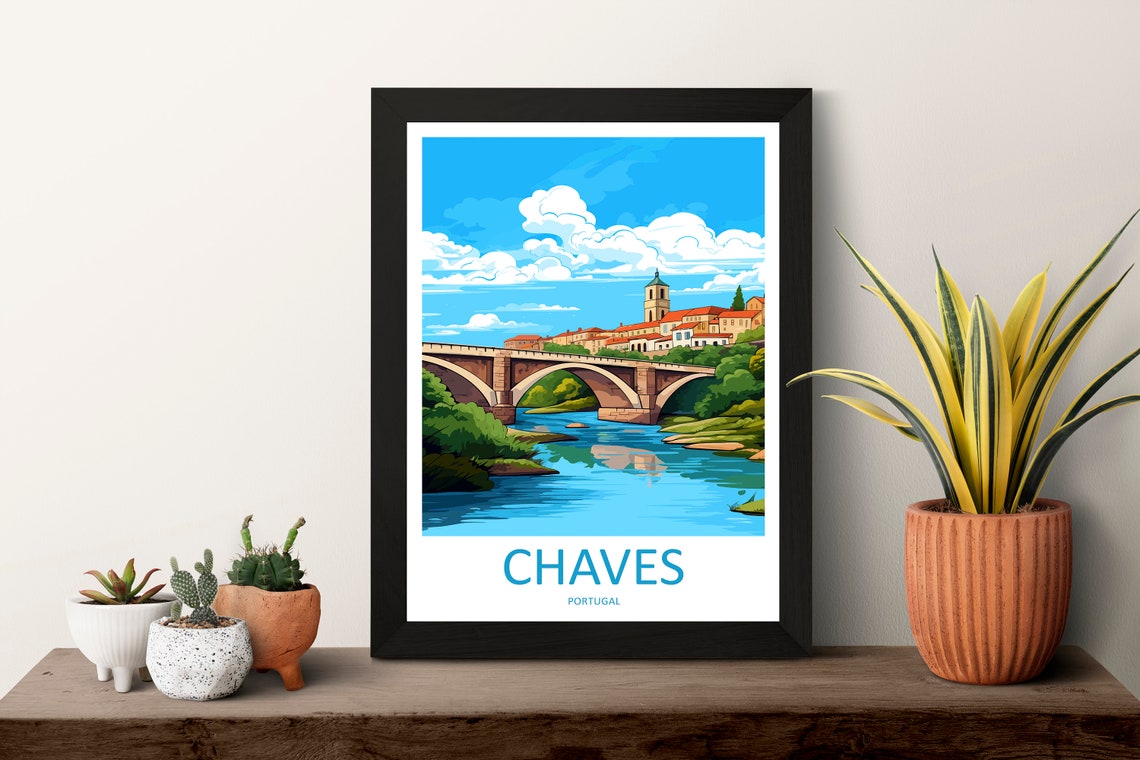 Chaves Portugal Historic Stone Bridge River Scene Travel Poster - Image 3