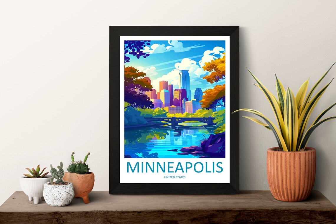 Minneapolis United States City Skyline River Vintage Art Poster - Image 3