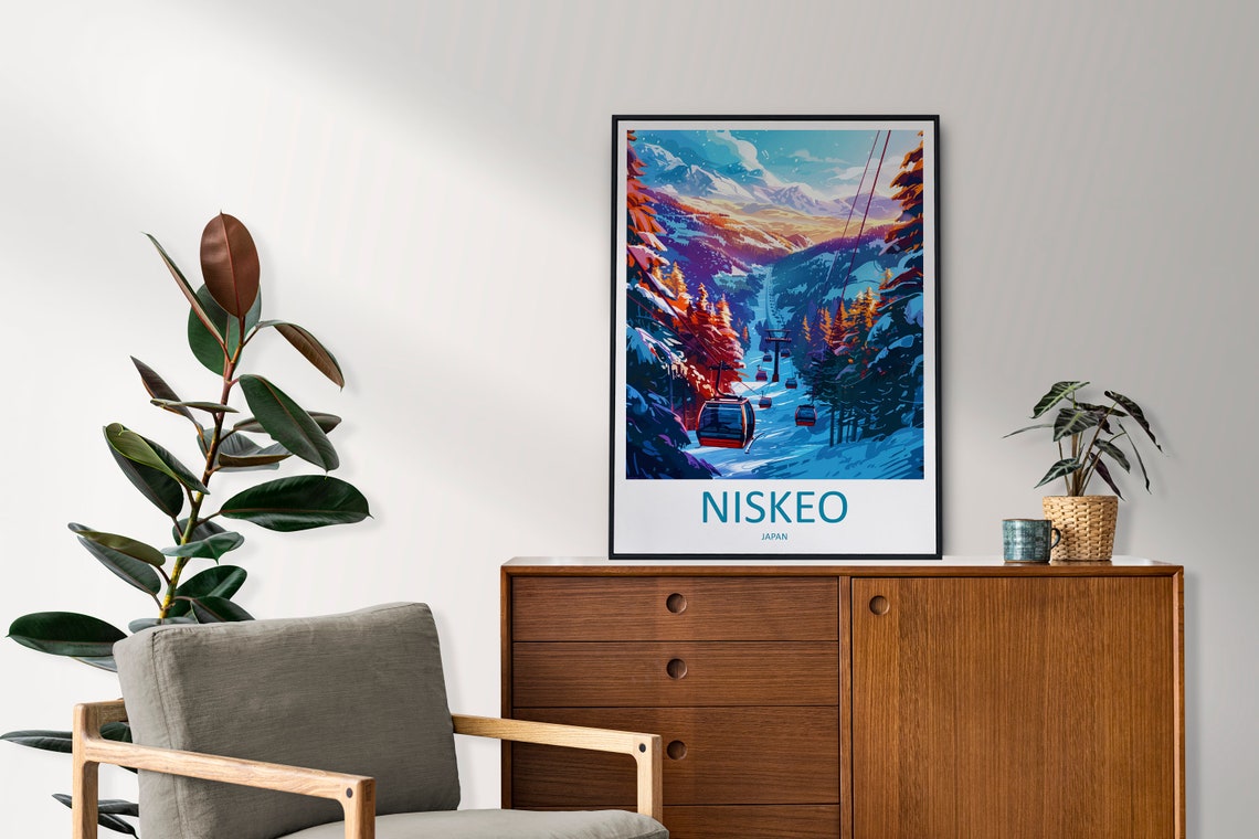 Niseko Japan Gondola at Sunset Mountain Peak Illustrated Travel Poster - Image 2