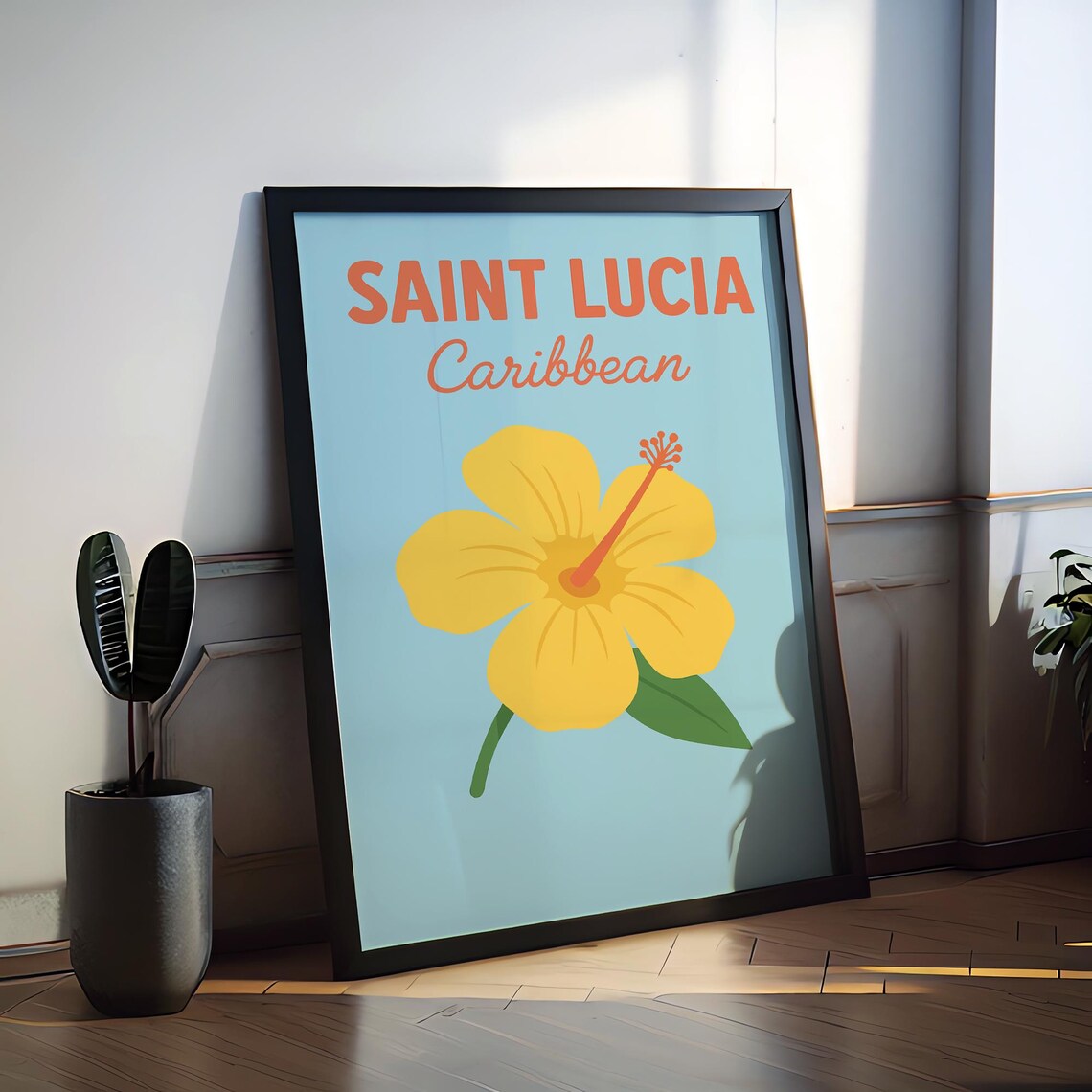Saint Lucia Caribbean Yellow Hibiscus Flower Preppy Travel Poster