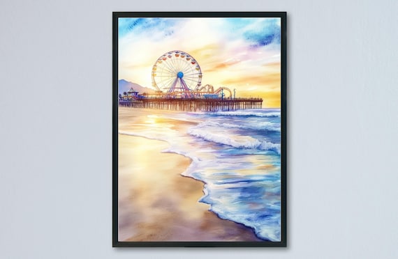 Santa Monica Pier Ferris Wheel Sunset Beach Waves Watercolor Poster
