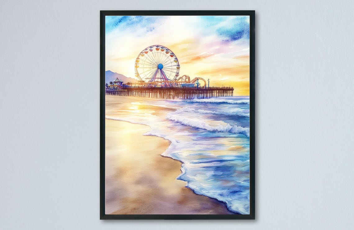 Santa Monica Pier Ferris Wheel Sunset Beach Waves Watercolor Poster