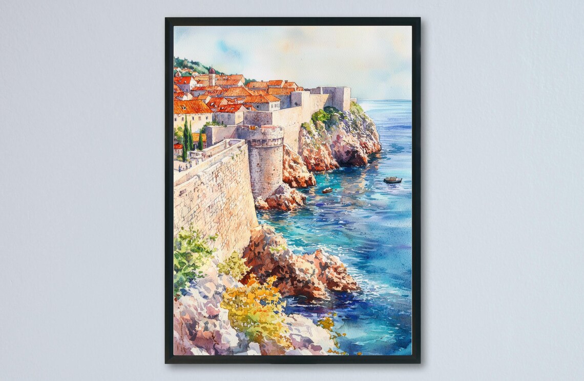 Dubrovnik Ancient City Walls Red Roofs Adriatic Watercolor Poster