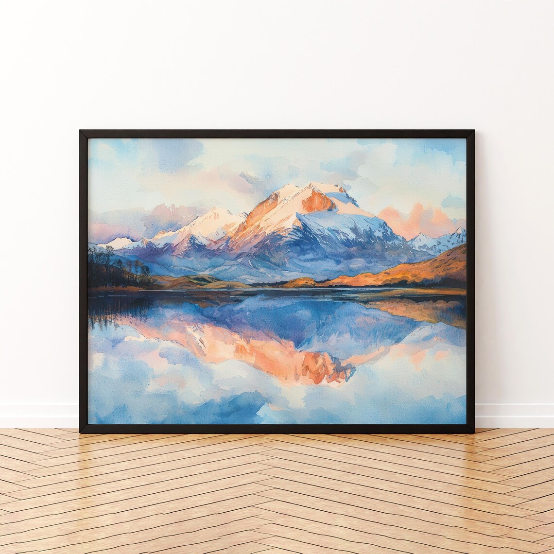 Ben Nevis Scotland Watercolor Poster Snow Mountain Lake Reflection Decor