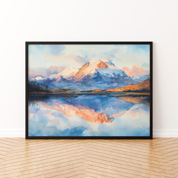 Ben Nevis Scotland Watercolor Poster Snow Mountain Lake Reflection Decor