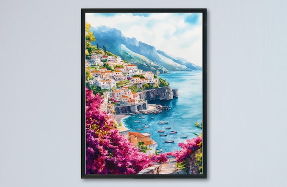 Sorrento Amalfi Coast Watercolor Pink Bougainvillea Bay Boats View Poster