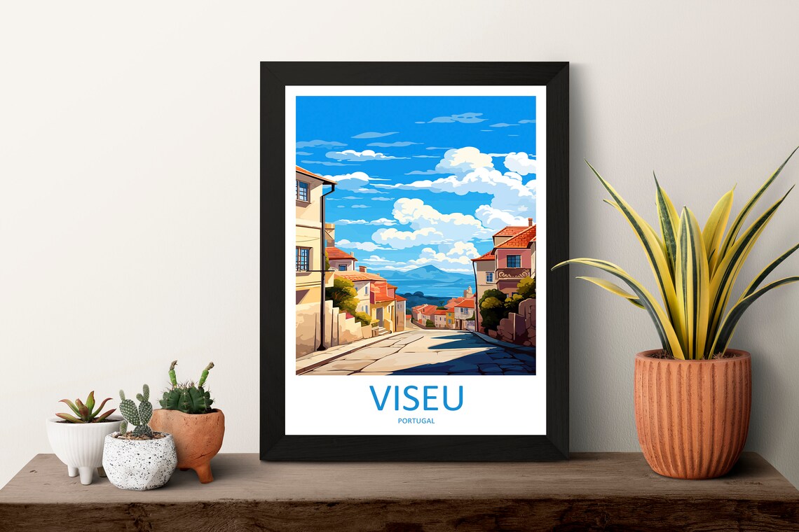 Viseu Sunlit Old Town Street with Distant Hills Portugal Poster - Image 3