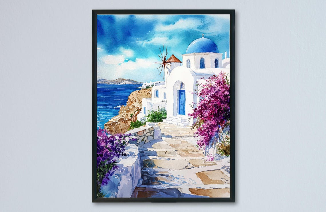 Santorini Greece Blue Dome Church Windmill Watercolor Island Poster