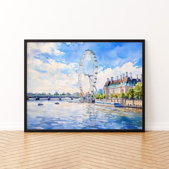 London Eye Thames Ferris Wheel Watercolor City Travel Poster