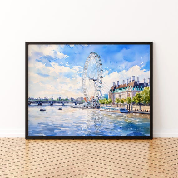 London Eye Watercolor Poster Travel Print Ferris Wheel Painting City Landmark Wall Art Uk Decor Souvenir
