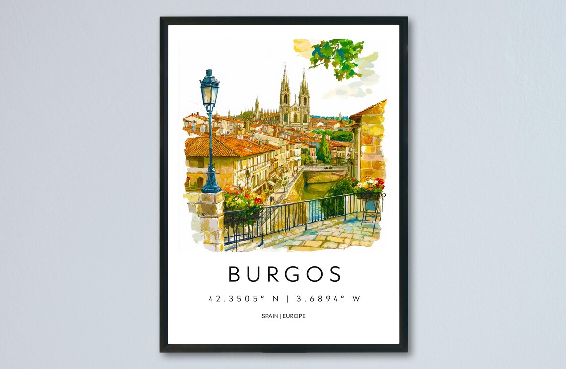 Burgos Spain Watercolor Travel Poster Gothic Cathedral City View