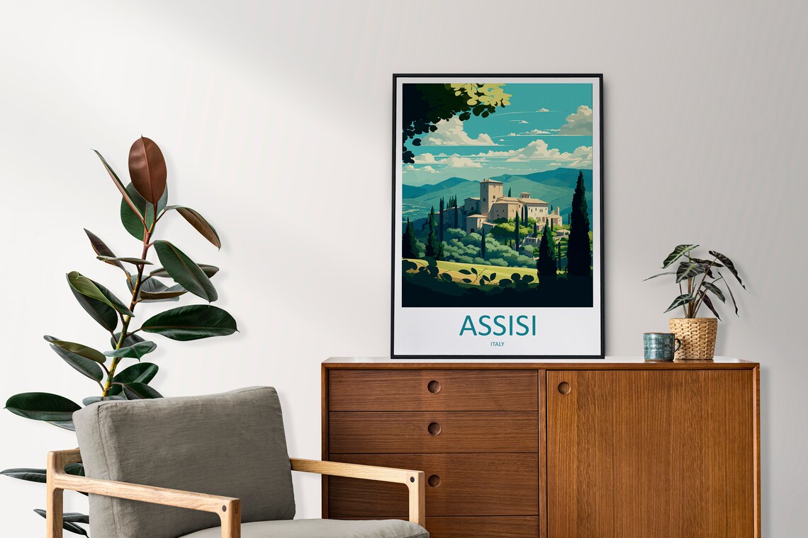 Assisi Italy Hilltop Town Cypress Trees Travel Art Poster Artwork - Image 2