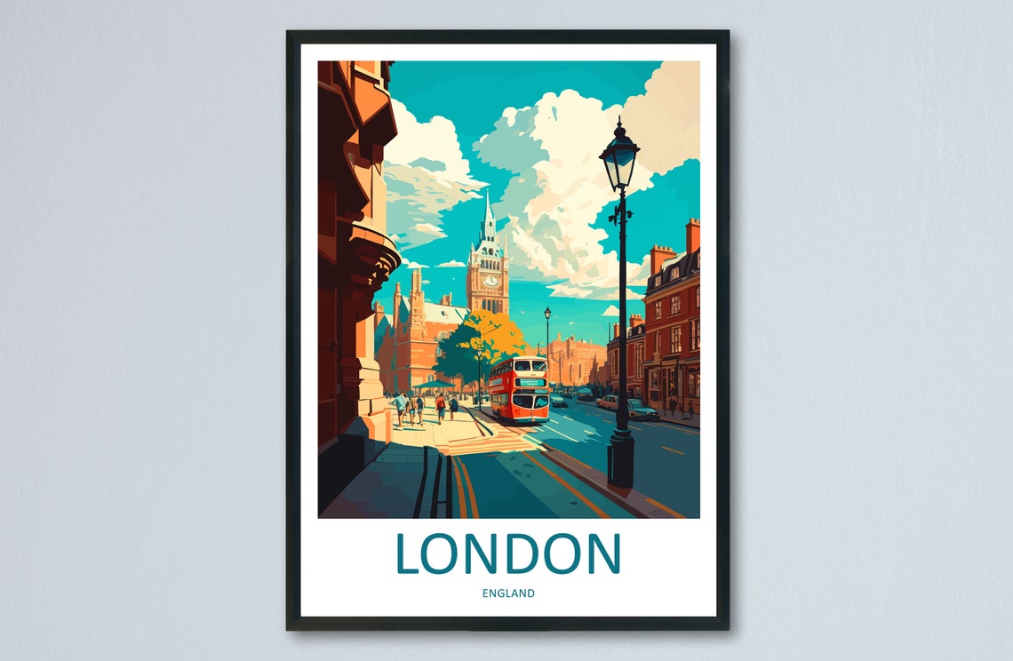 London England Red Double Decker Bus Big Ben Street Scene Poster