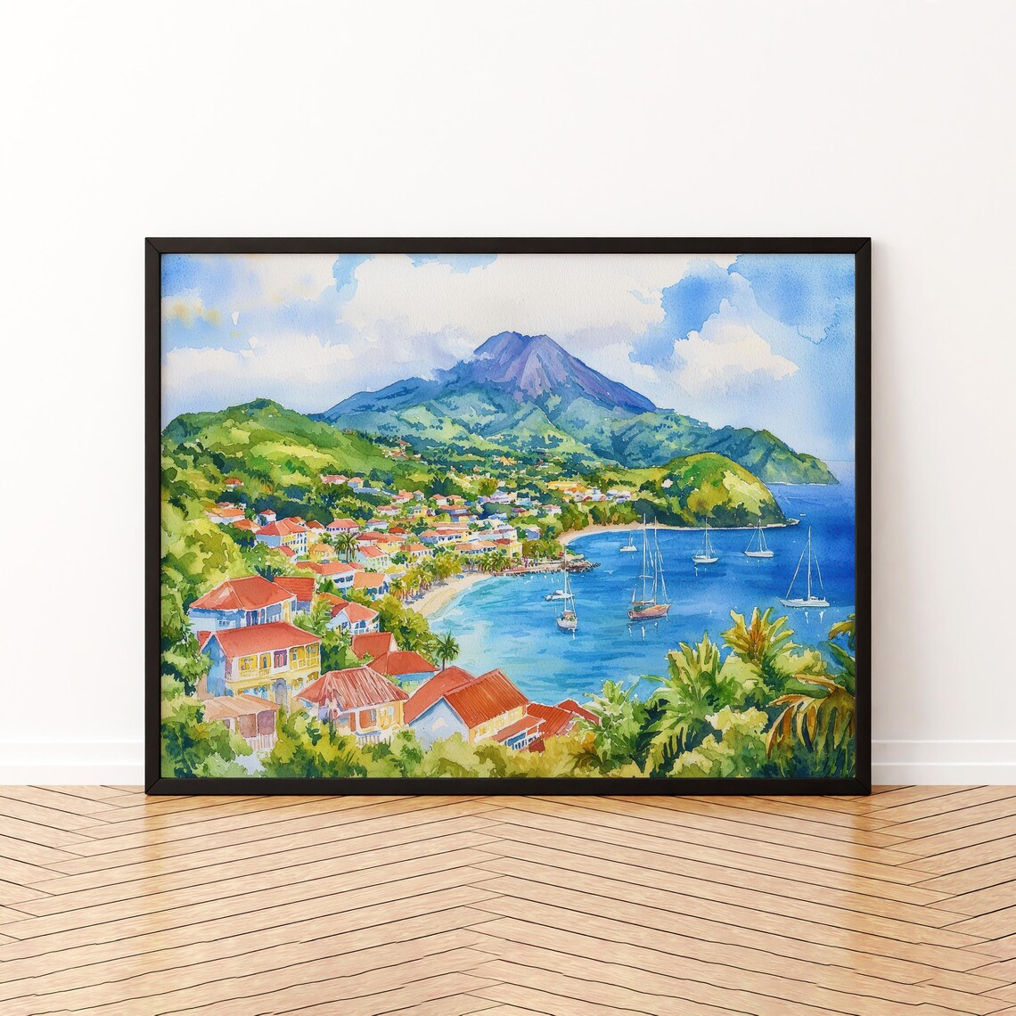 Martinique Caribbean Coastal Town Volcano Watercolor Landscape Poster