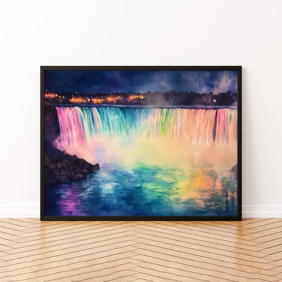 Niagara Falls Watercolor Poster Travel Print Natural Wonder Painting Landscape Wall Art Usa Canada Souvenir