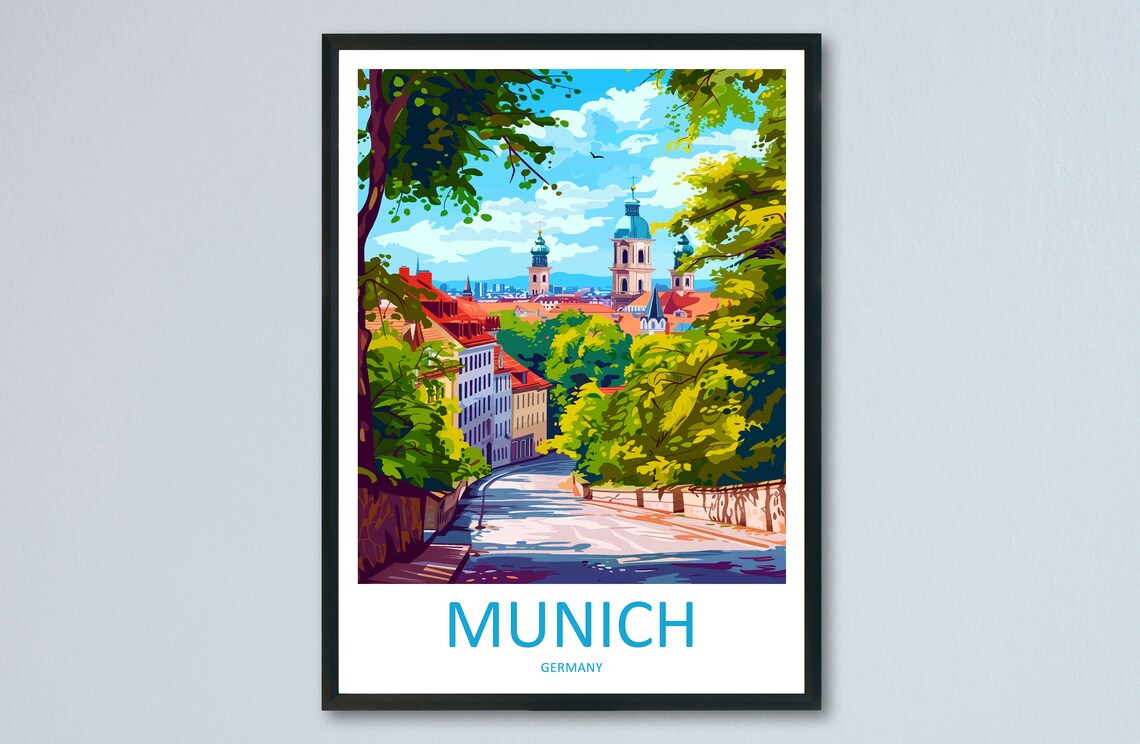 Munich Germany Leafy Old Town Street with Church Towers Poster