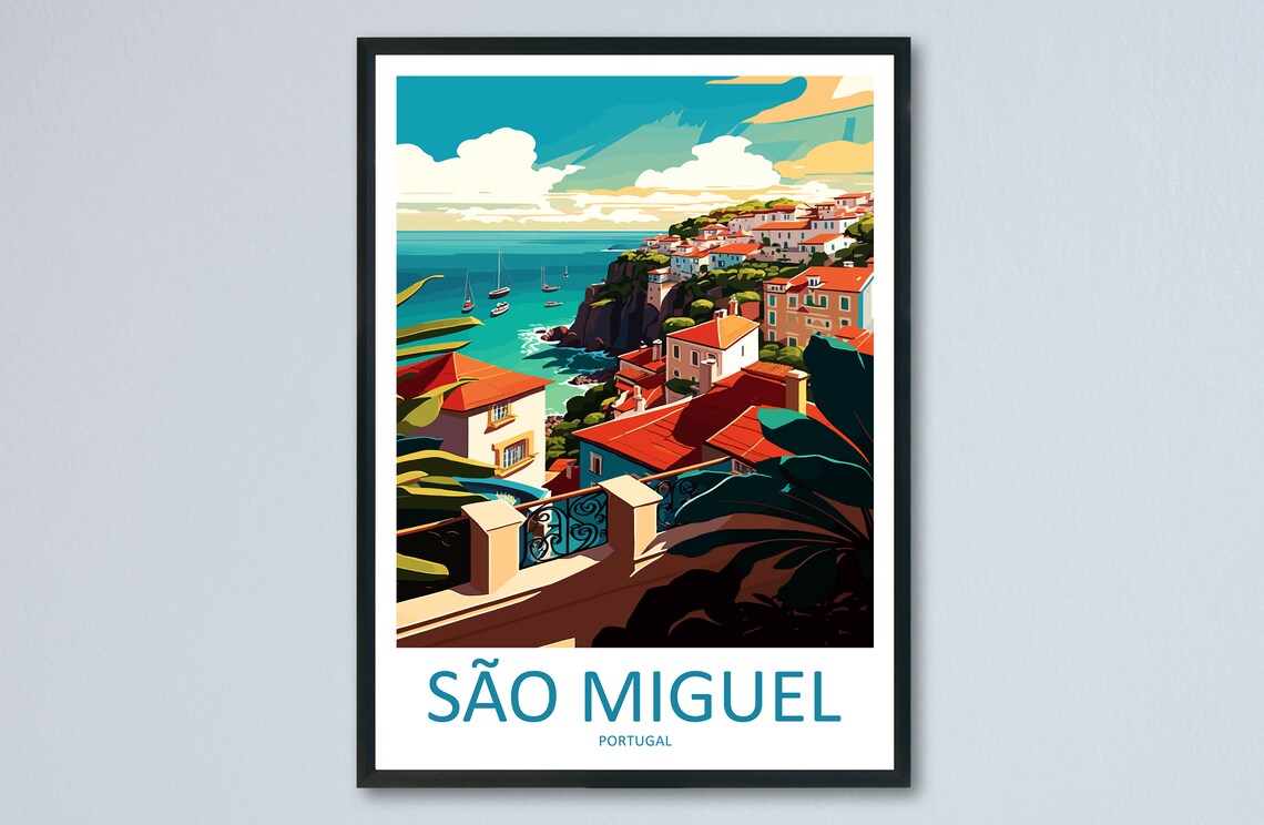 Sao Miguel Portugal Cliffside Town Sailboats Coastal View Poster