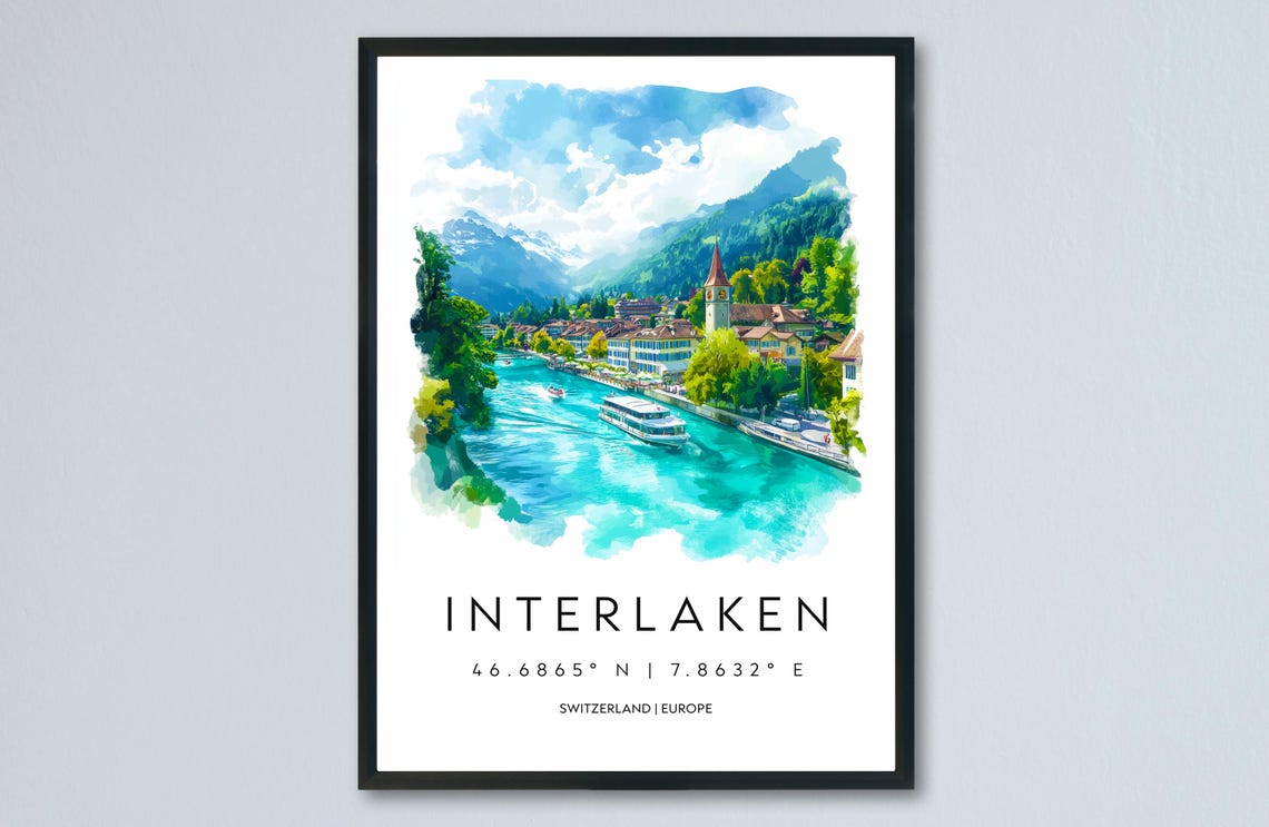 Interlaken Turquoise River Watercolor Switzerland Alpine Travel Poster