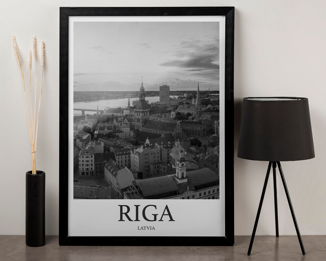Riga Latvia Old Town Rooftops Aerial Black White Photography Print - Image 3