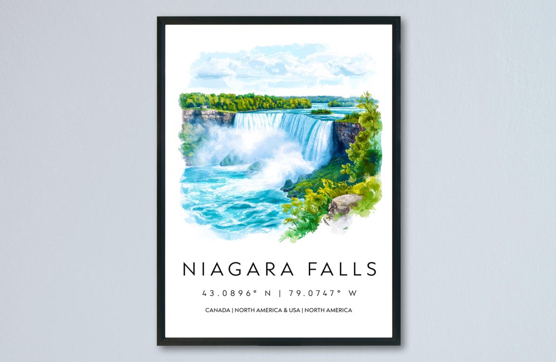 Niagara Falls Watercolor Poster With Coordinates Travel Keepsake