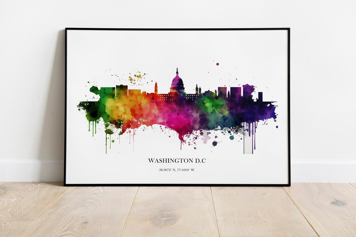 Washington DC Watercolor Skyline Rainbow Modern City Art Poster