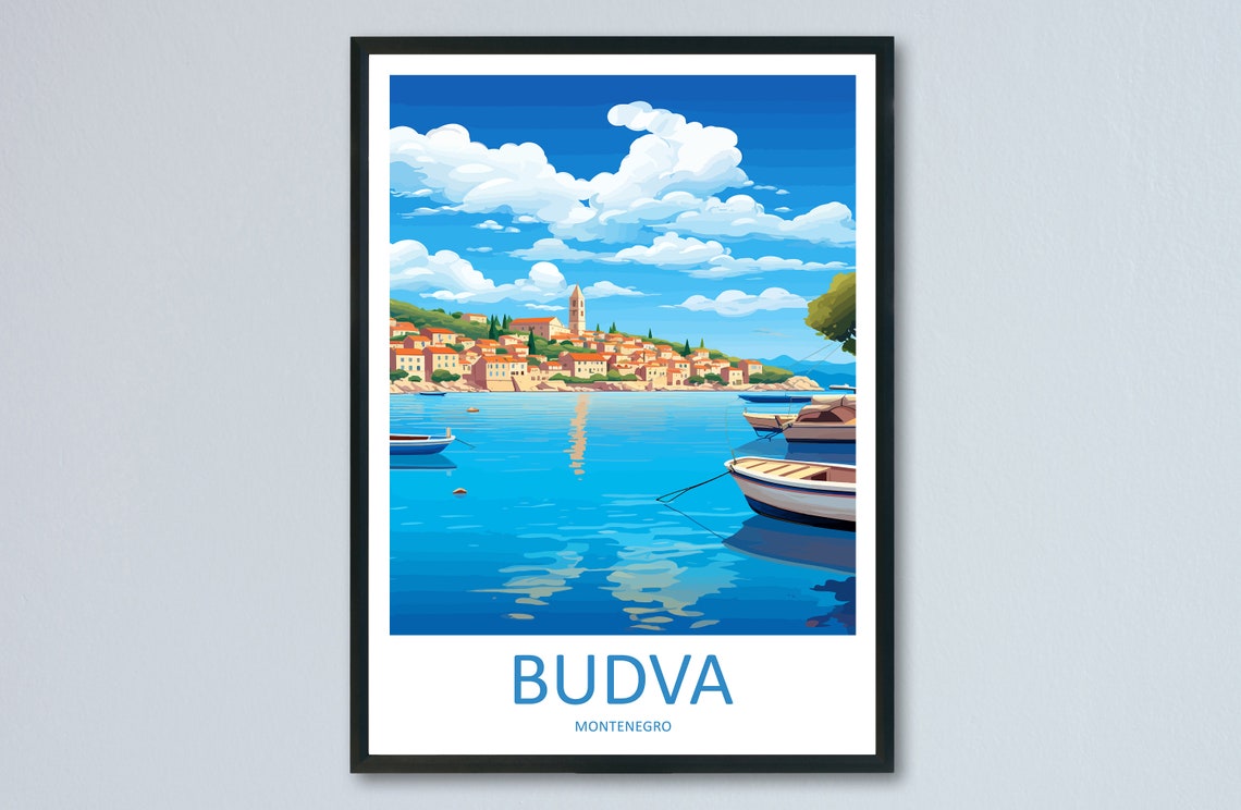 Budva Montenegro Coastal Travel Poster With Harbor Boats Artwork