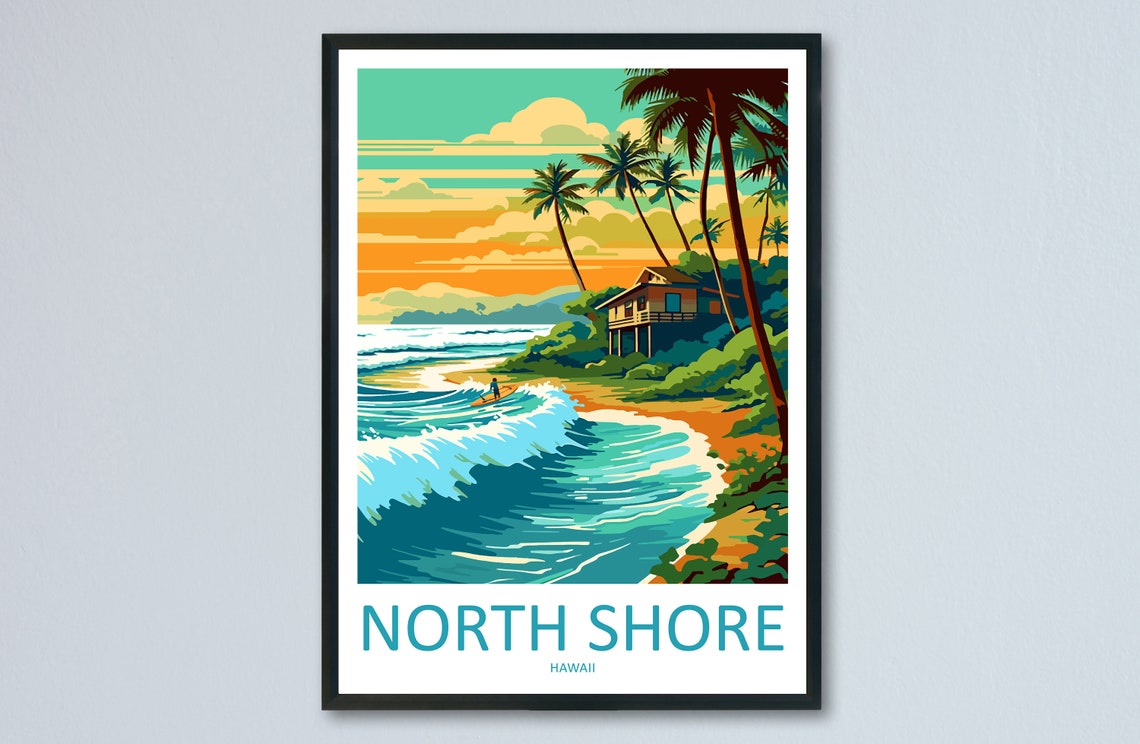 North Shore Hawaii Surf Beach Palm Trees Sunset Wave Scene Poster