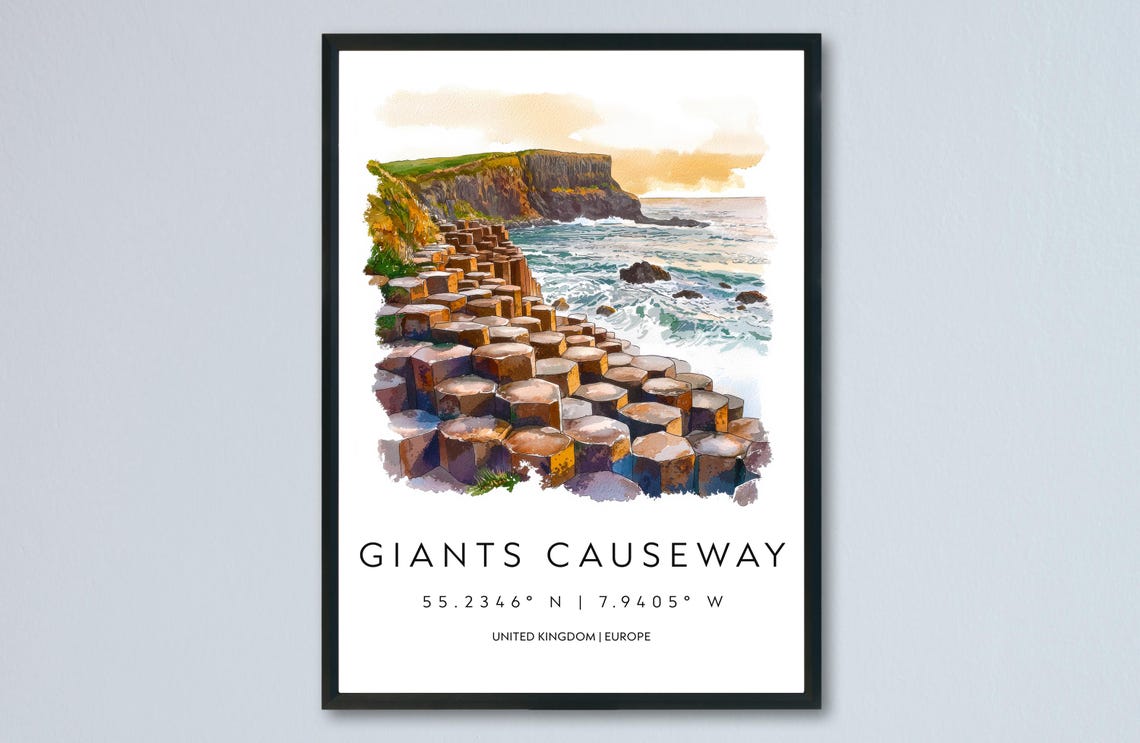 Giants Causeway Basalt Columns Watercolor Travel Keepsake Poster