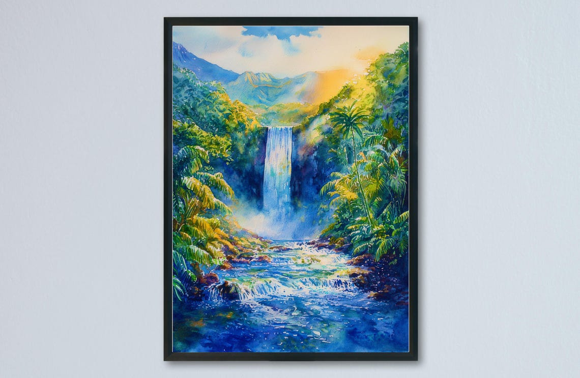 Majestic Tropical Waterfall Amidst Lush Green Rainforest Poster