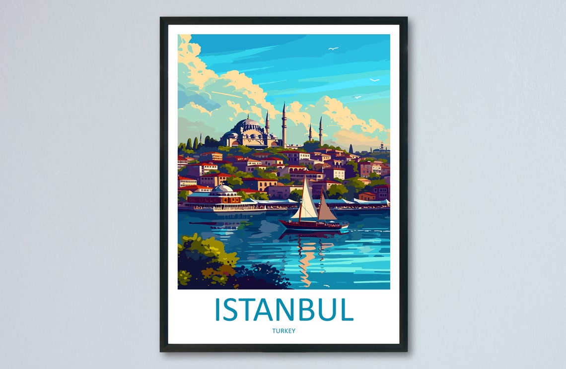 Istanbul Turkey Blue Mosque Sailboat Bosphorus Vintage Travel Poster