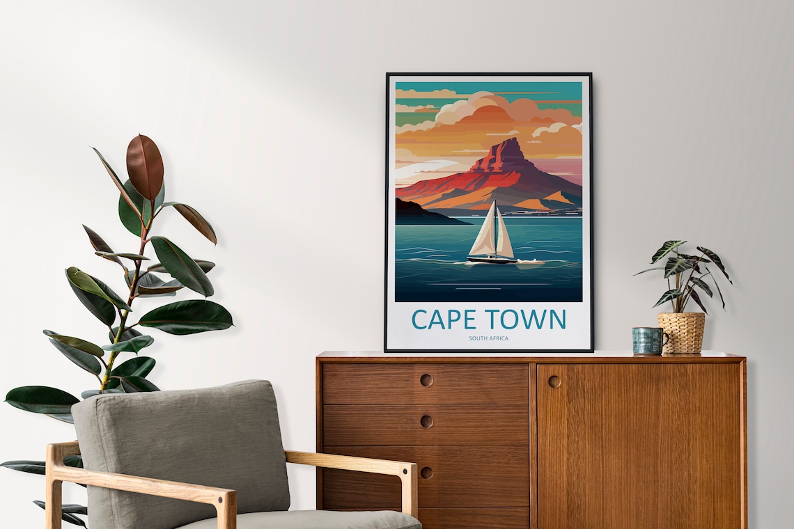 Cape Town South Africa Sailboat Table Mountain Sunset Art Poster - Image 2
