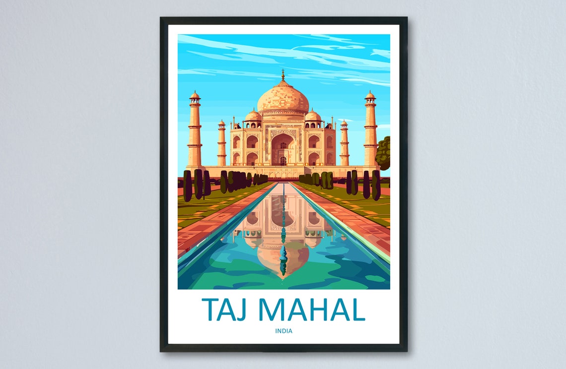 Taj Mahal India Reflection Pool Dome Sunrise Vintage Travel Poster