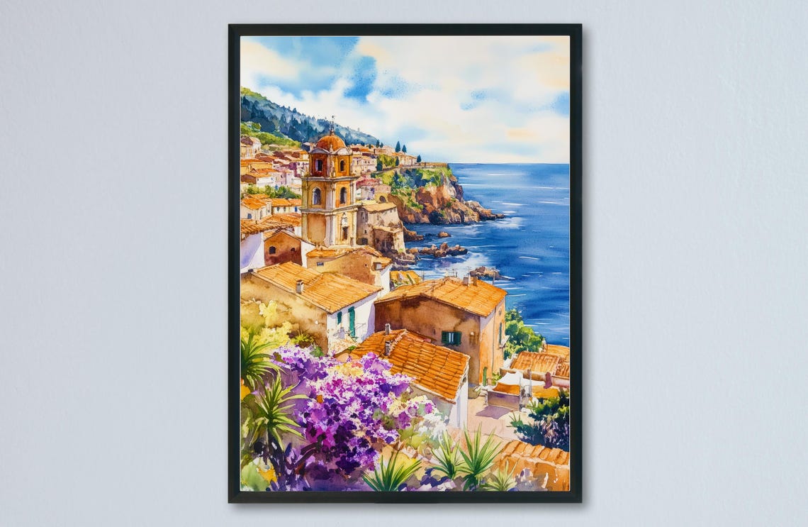 Sicily Italy Coastal Hilltop Town Church Tower Sea View Poster