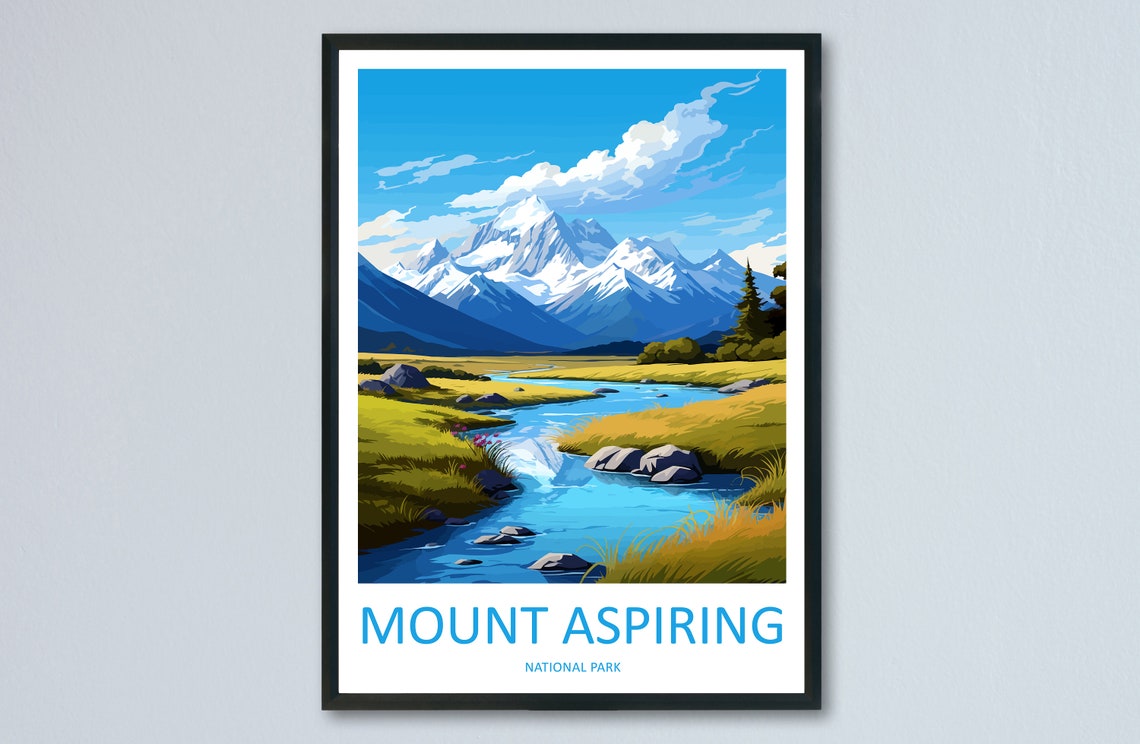 Mount Aspiring Alpine Valley With Winding River And Peaks Poster
