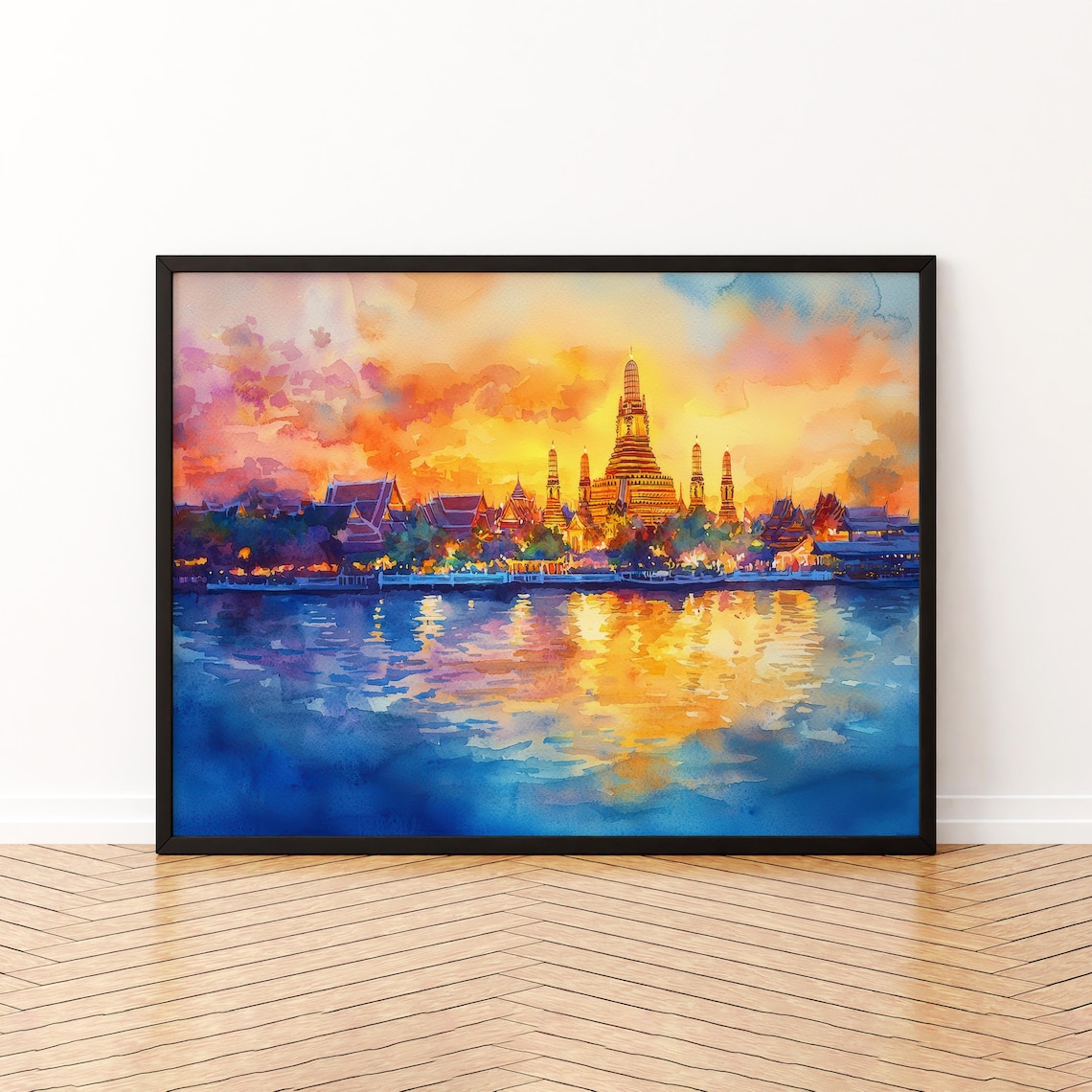 Bangkok Thailand Watercolor Travel Poster, City Skyline