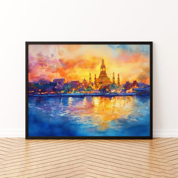 Bangkok Thailand Watercolor Travel Poster, City Skyline