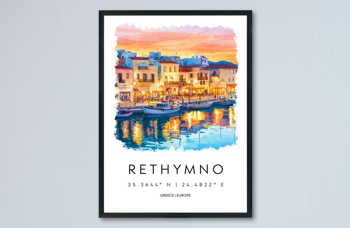 Rethymno Greece Old Town Harbor Sunset Watercolor Travel Poster