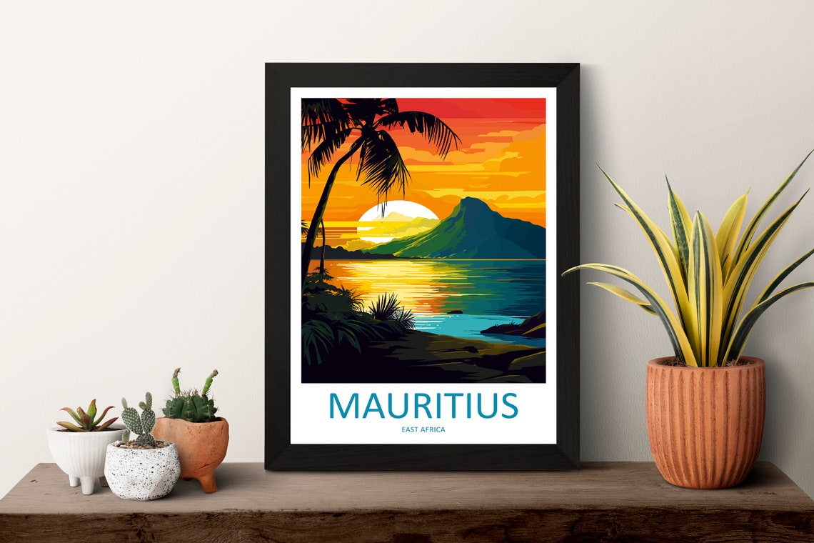 Mauritius Sunset Palm Silhouette Ocean Island Glow View Poster - Image 3