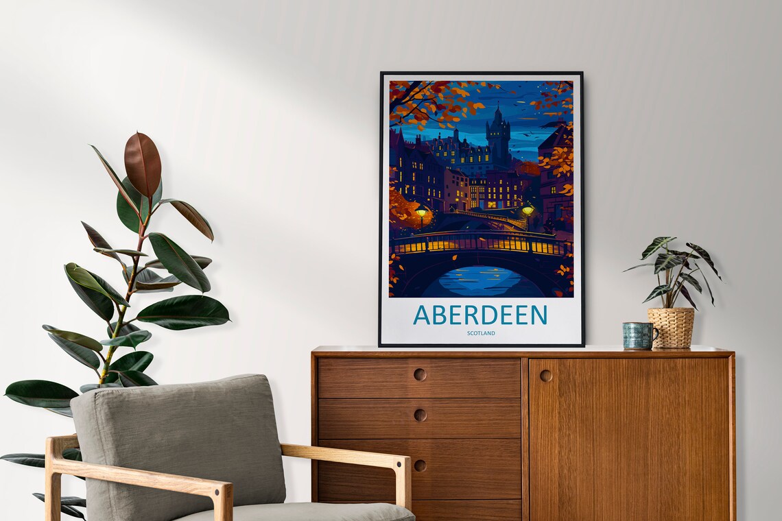 Aberdeen Scotland Night Bridge Autumn Lights City Art Poster - Image 2