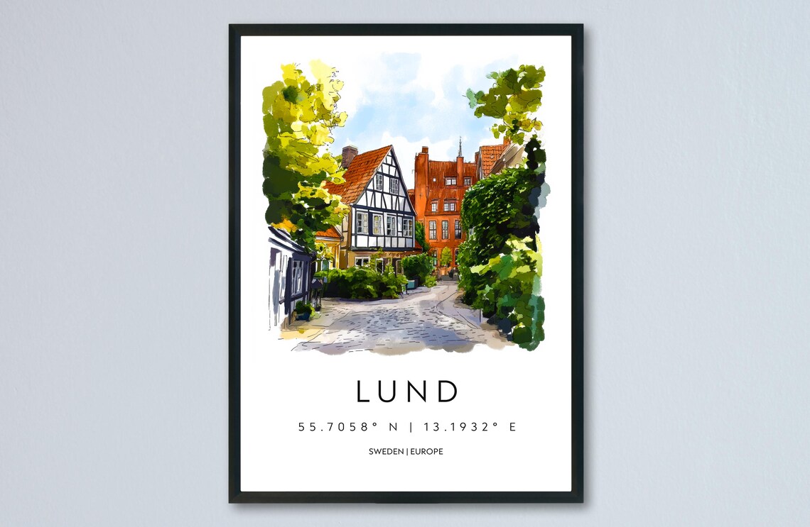 Lund Old Town Half Timbered Houses Watercolor Sweden Art Poster