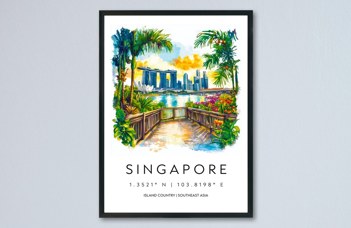 Singapore Marina Bay Sands Skyline Tropical Watercolor Poster