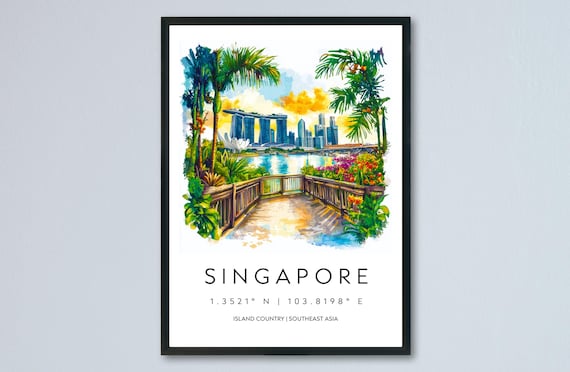 Singapore Marina Bay Sands Skyline Tropical Watercolor Poster